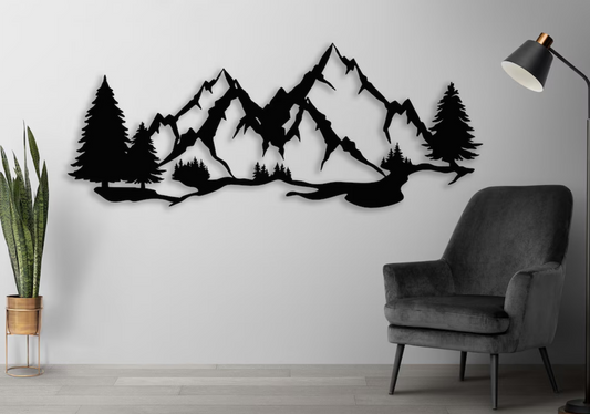 Mountains and Trees Wall Art - Black Acrylic & Wood