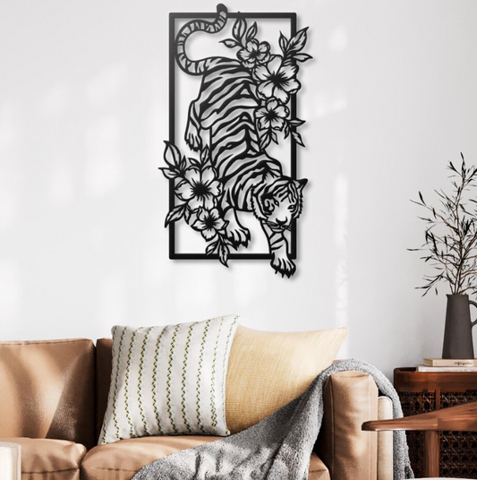 Tiger and Flowers Wall Art - Wood & Acrylic Design